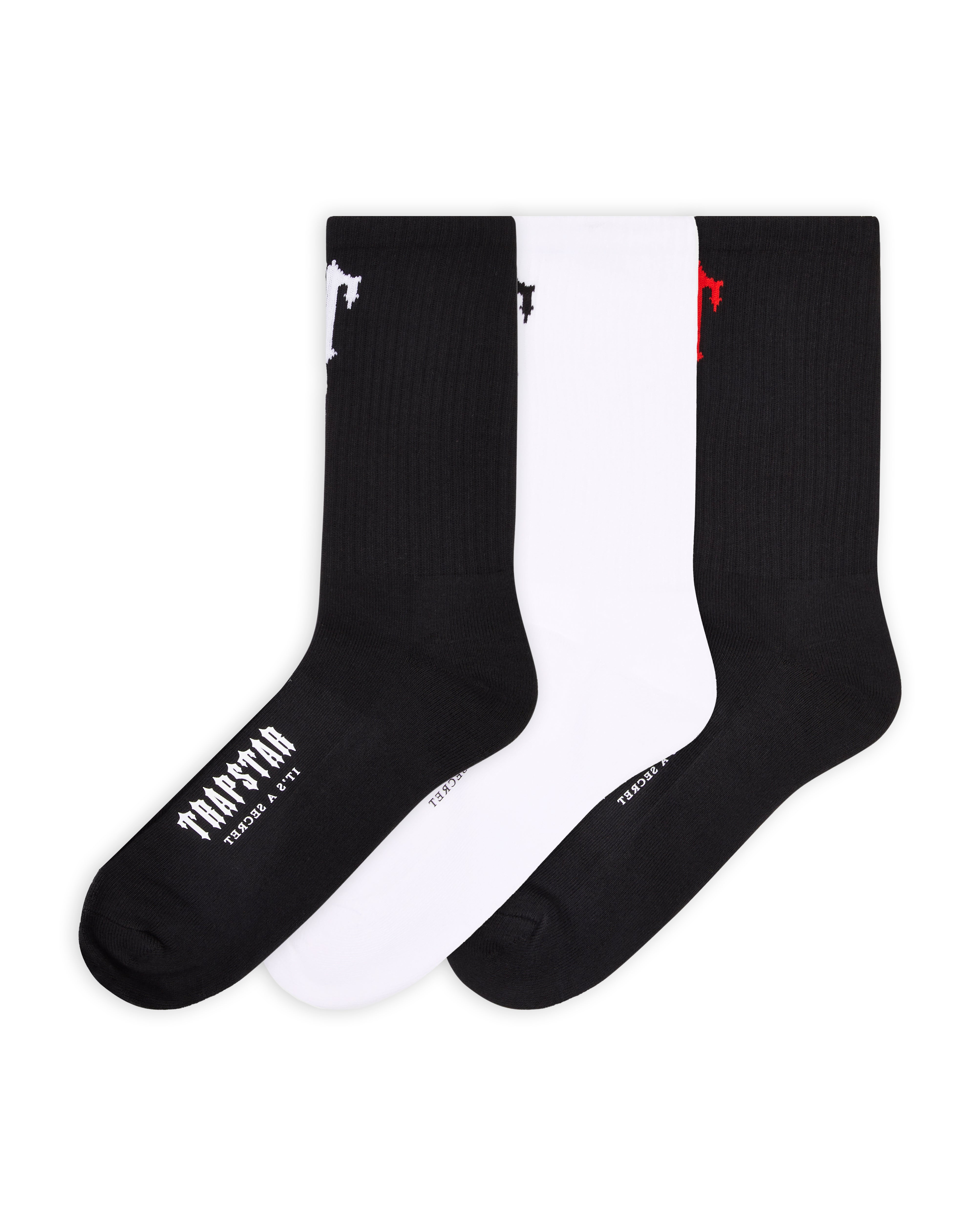 Trapstar Men's 3 Pack Irongate T Socks - Black/White/Red