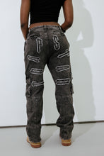 Load image into Gallery viewer, Women&#39;s Arch Applique Distressed Denim Look Cargo Pants - Washed Denim