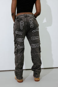 Women's Arch Applique Distressed Denim Look Cargo Pants - Washed Denim
