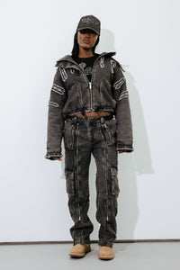 Women's Arch Applique Distressed Denim Look Cargo Pants - Washed Denim