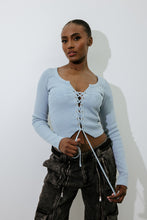 Load image into Gallery viewer, Women&#39;s Lace Up Appliqué Top - Denim Wash