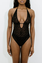 Load image into Gallery viewer, Women’s Jacquard Mesh Halterneck Bodysuit - Black
