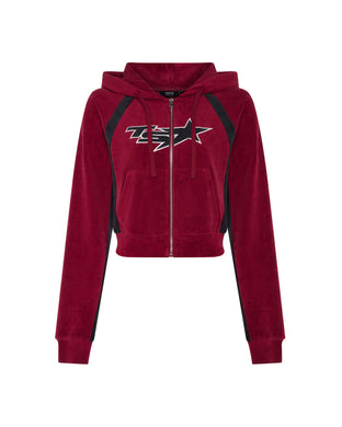 Women’s TS- Star Contrast Panel Velour Hoodie - Burgundy