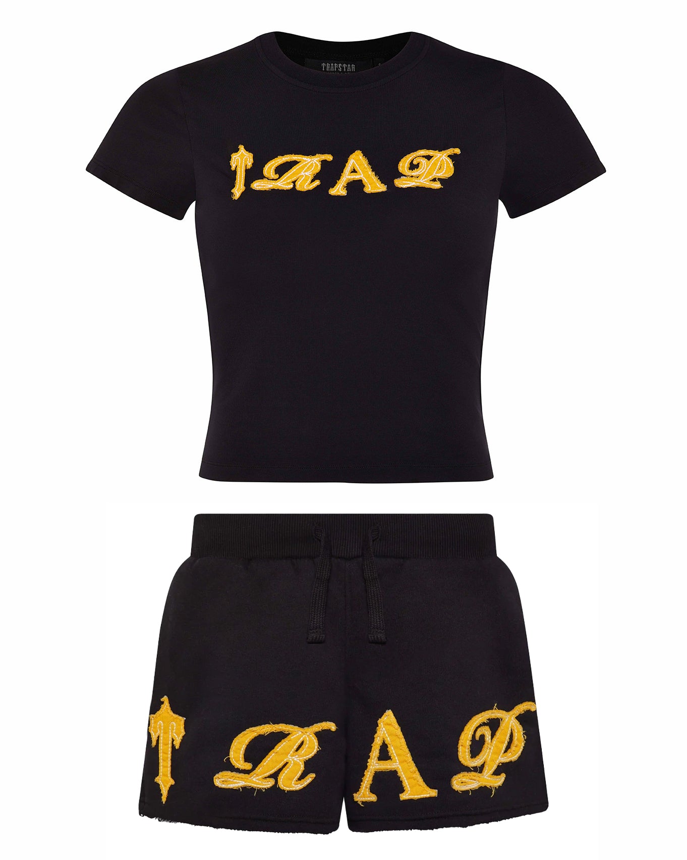 Women's Script Distressed Applique Baby Tee - Black/Yellow