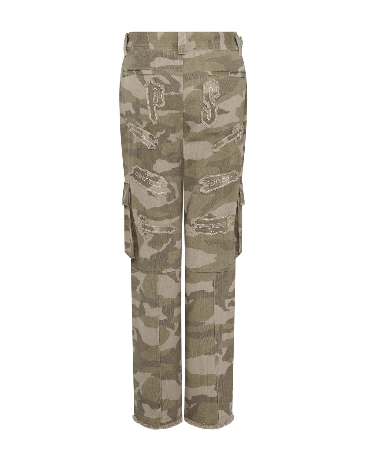 Women's Arch Applique Distressed Denim Cargo Pants - Desert Camo