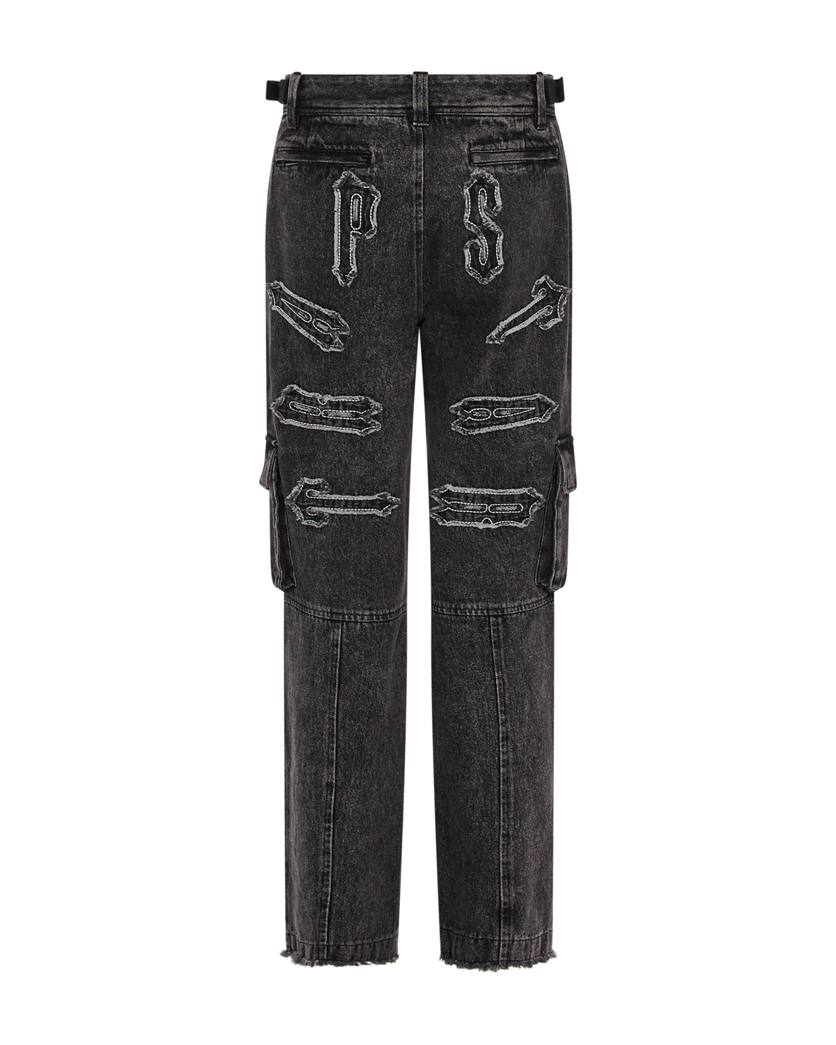 Women's Arch Applique Distressed Denim Look Cargo Pants - Washed Denim