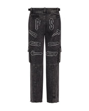 Load image into Gallery viewer, Women&#39;s Arch Applique Distressed Denim Look Cargo Pants - Washed Denim