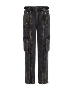 Women's Arch Applique Distressed Denim Look Cargo Pants - Washed Denim