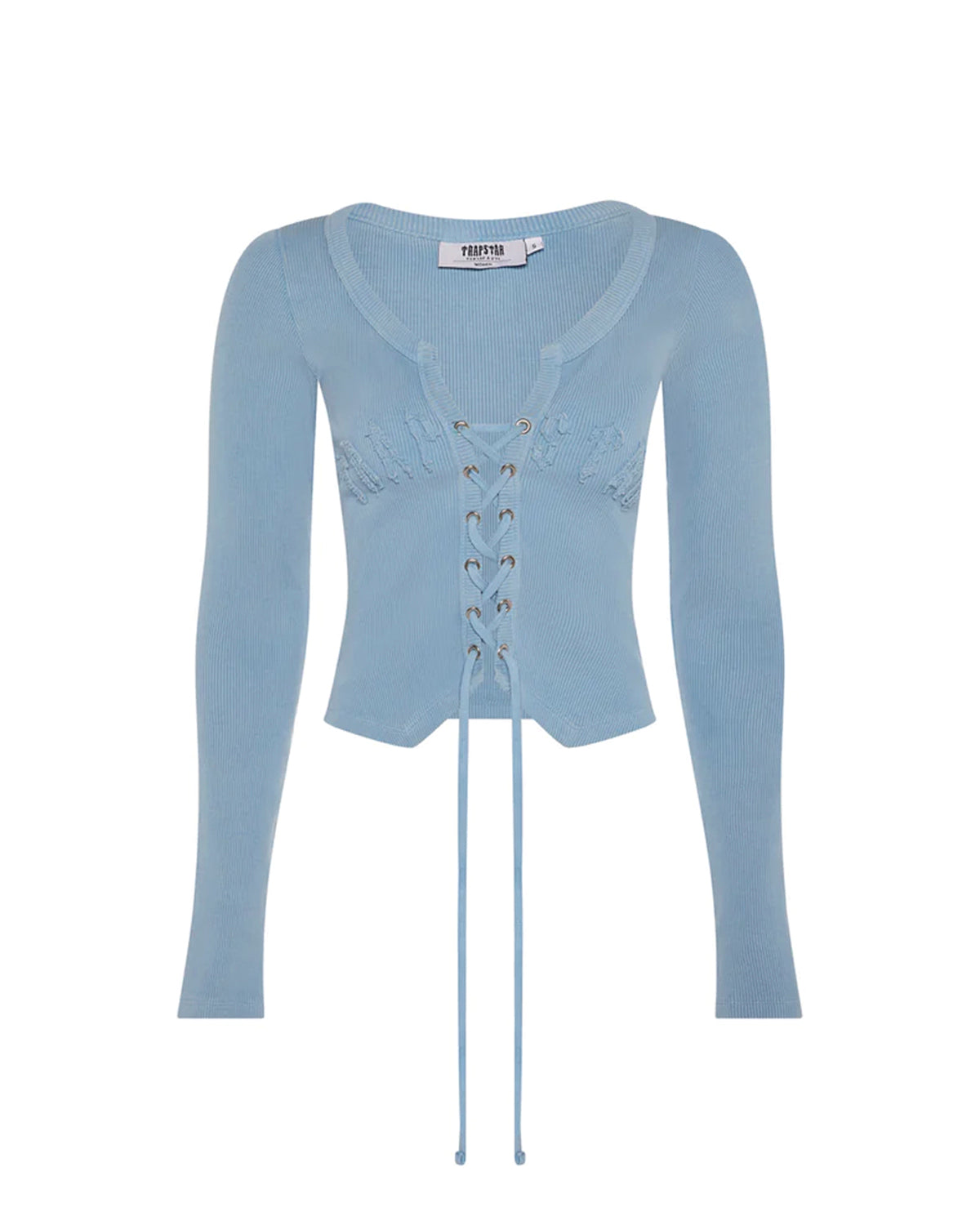 Women's Lace Up Appliqué Top - Denim Wash