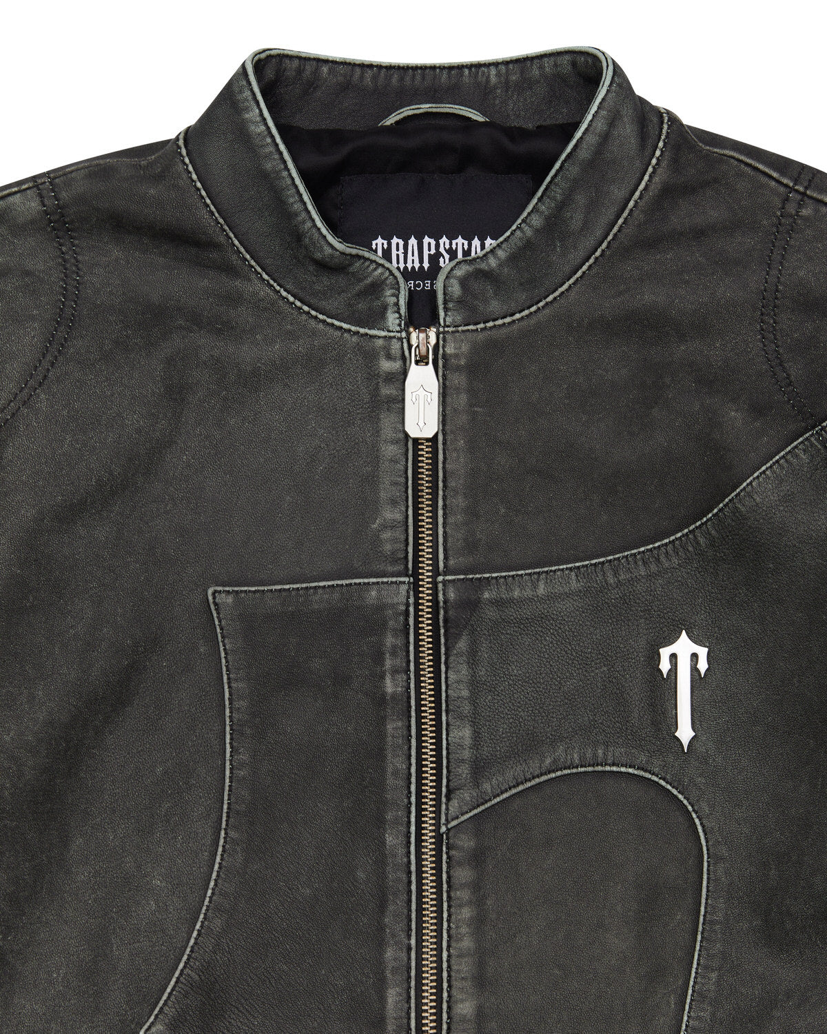 Trapstar Irongate T Panel Leather Biker Jacket - 2 Tone Black & Green