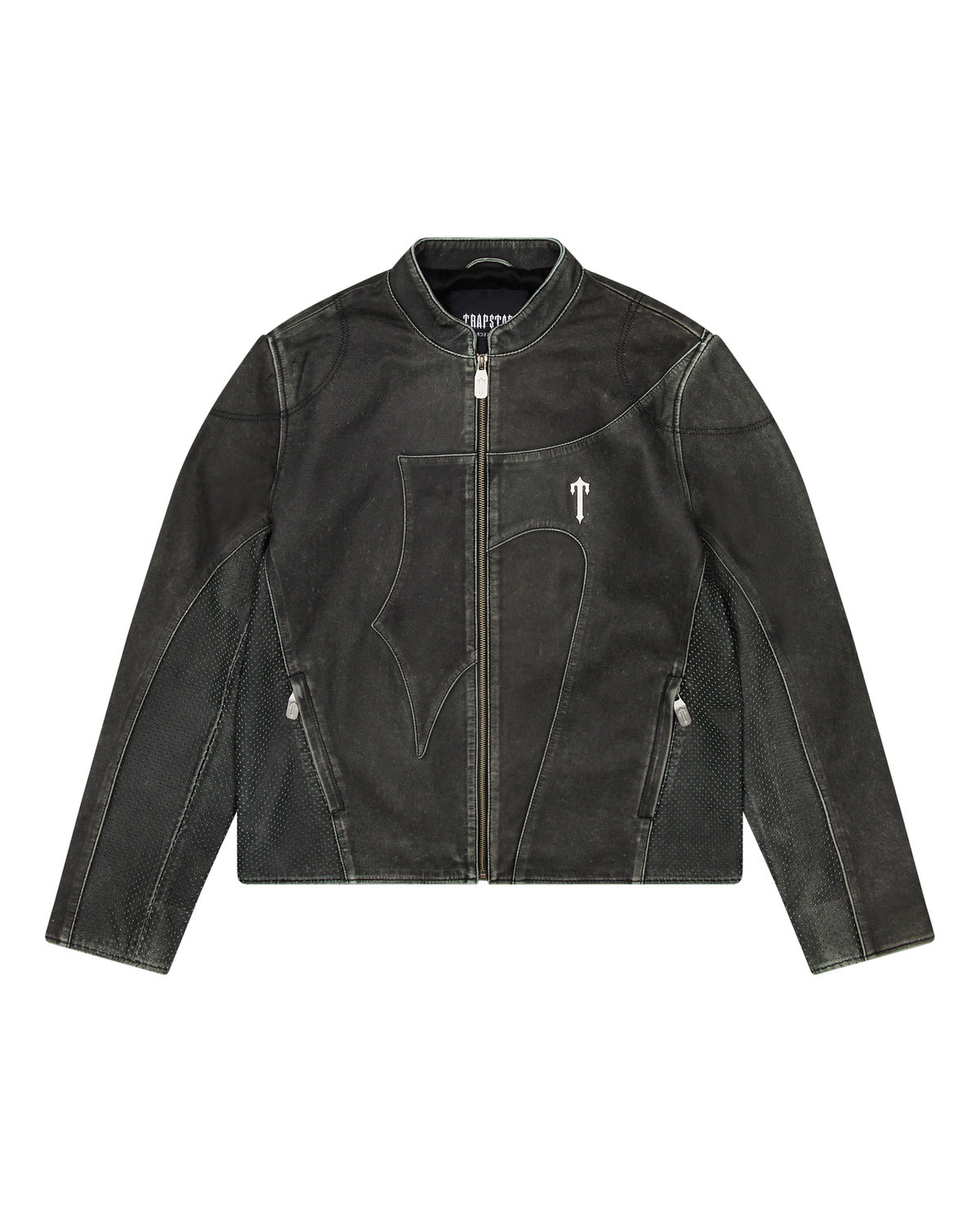 Trapstar Irongate T Panel Leather Biker Jacket - 2 Tone Black & Green