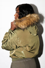 Load image into Gallery viewer, Women’s Script Fur Hood Bomber - Khaki