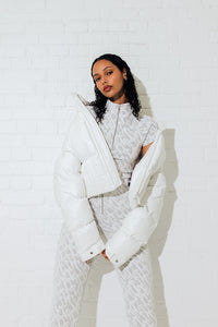 Women's Jacquard Fitted Zip Crop Top - White